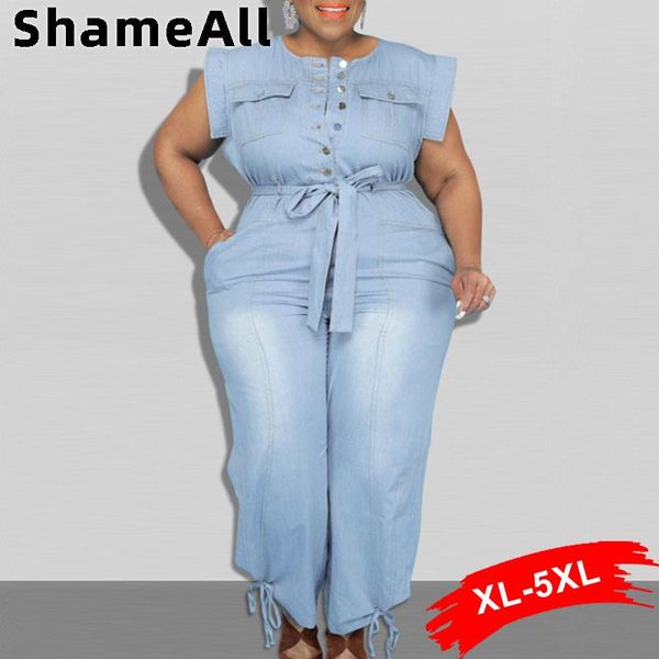 

plus size pants sashes long jogger jumpsuits 4xl elegant office lady button sleeveless belt one piece outfits banded overalls