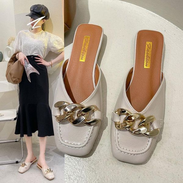 

rivet slippers casual flat shoes female slides cover toe low slipers women luxury square summer 2021 pu basic metal decoration, Black