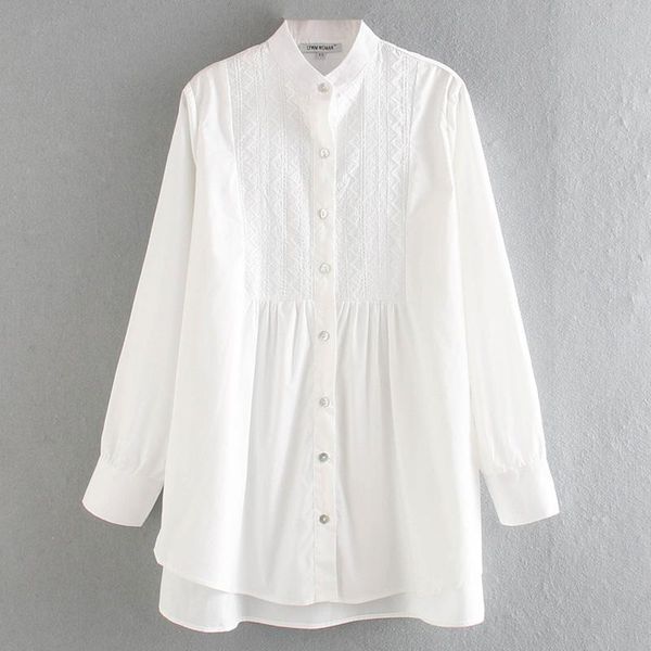 

malina casual stand collar white blouses women fashion embroidery fold shirts elegant long sleeve female ladies gy women's &