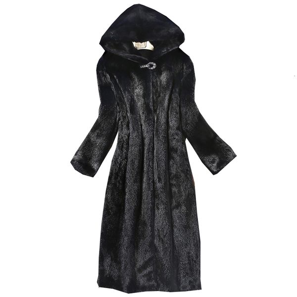 

women's autumn winter new fur imitation mink coat long windbreaker cap europe and the united states large size warm, Black