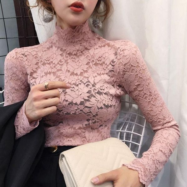 

women's t-shirt autumn year half-high neck slim slimming hedging long-sleeved hollow lace bottoming shirt for lady, White