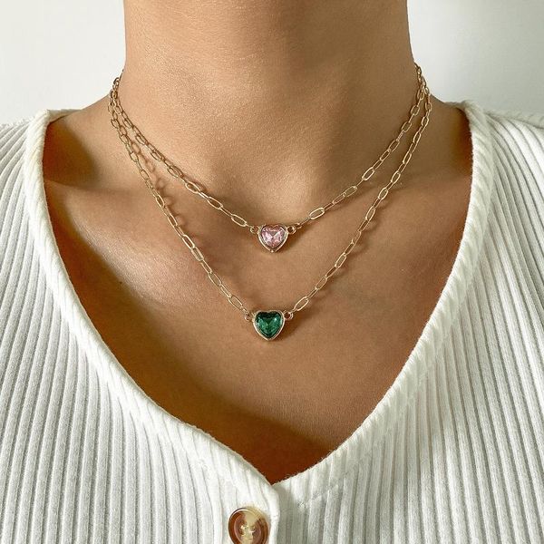 

pendant necklaces fashionable personality heart-shaped glass zircon clavicle chain women's gold alloy metal necklace jewelry accessorie, Silver