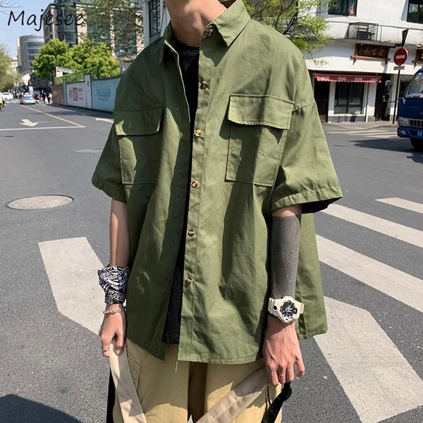 

men shirts single breasted turn-down collar half sleeve pockets safari style solid retro summer outwear thin harajuku hip hop bf men's, White;black