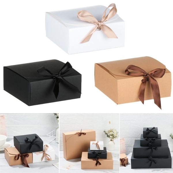 

5pcs square kraft paper gift box handmade candy chocolate packaging storage boxes event & party wedding birthday with ribbons wrap