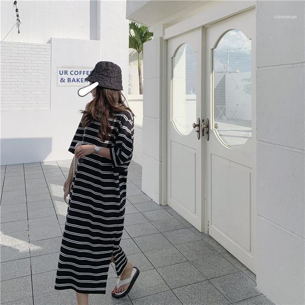 

korean style long stripe cotton dress for maternity summer short sleeve o-neck side split pregnant women casual wholesale1, White