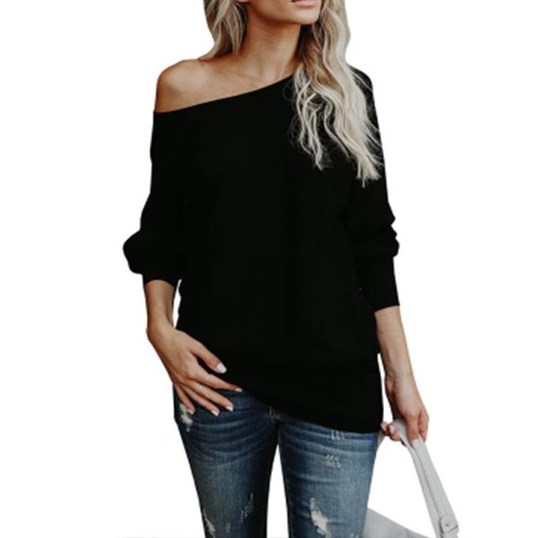 

women's sweaters autumn winter womens women outfits casual slash neck solid pullovers jumper knit wear maglioni off the shoudler, White;black