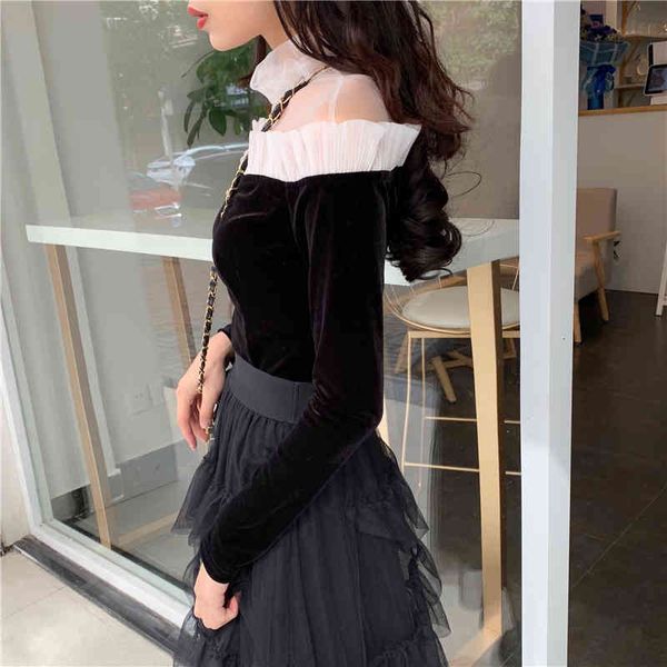 

women's blouses & shirts ollymurs women vintage velour bottoming shirt mesh spliced slim ladies long sleeve female velvet peb1, White