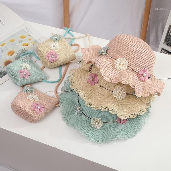 

summer girls floral straw hat sun protection beach shoulder bag kids princess flower bonnet pography props caps & hats1, Yellow