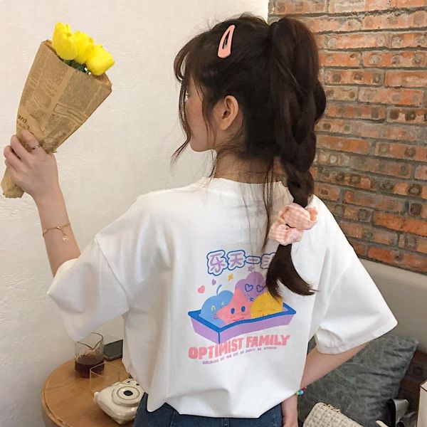 

summer college style cartoon print half-sleeved mid-length loose cotton t-shirt all-match casual women women's, White