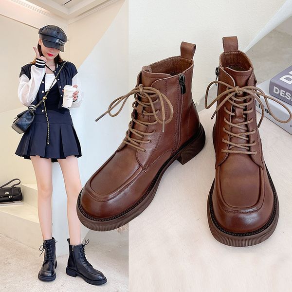 

boots female boots genuine leather platform shoes fashion retro-style women's chunky heelslace-up 9pd2, Black