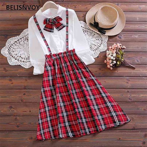 Japanisches Adrette-Frühlings-Herbst-Frauen-Kleid-Umlegekragen mit Bogen-Patchwork-rotem Plaid-nettem Kawaii-Mädchen 210520