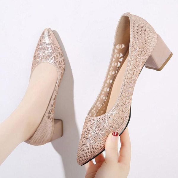 

sandals 2021 summer women hollow outs boat shoes crystal pumps pointed toe ladies med heels mesh dress gold 9170g, Black