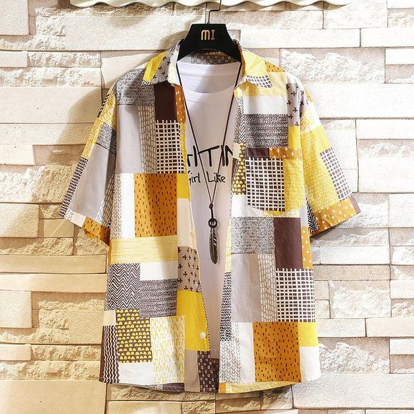 

men's casual shirts 2021 summer arrivals japanese irregular plaid shirt short-sleeved loose large ice silky handsome art, White;black