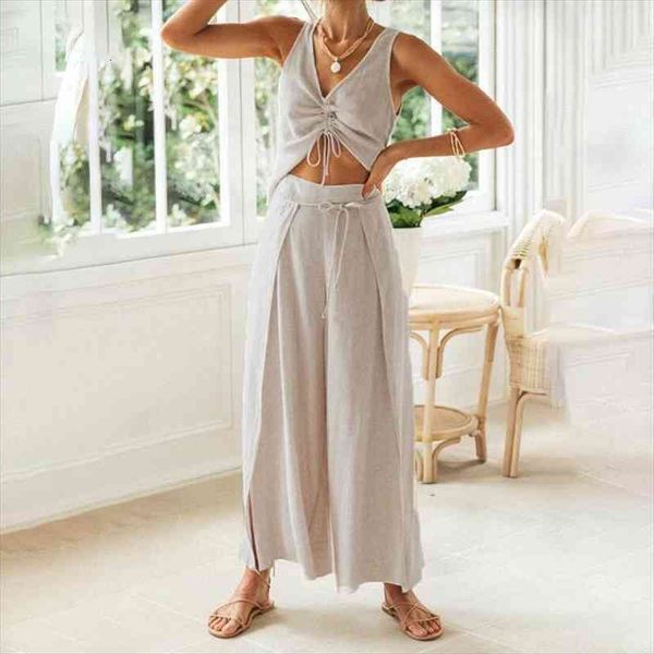

2 pieces sets suit womens pants summer drawstring v neck sleeveless tank set lace up ladies wide leg suits casual, White