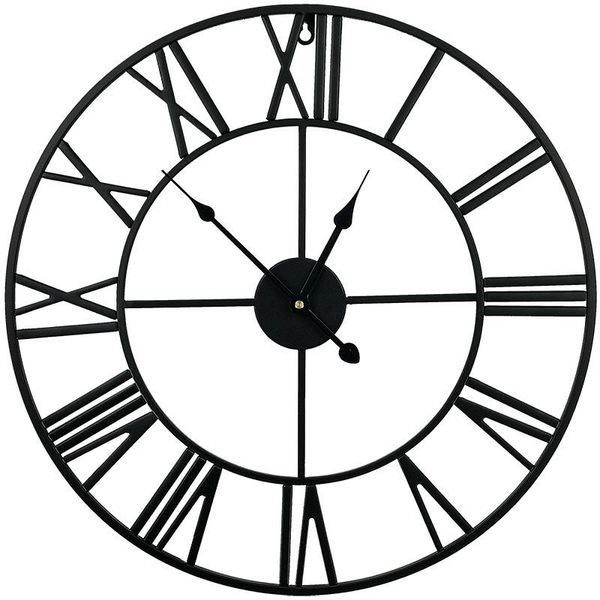 

60cm/40cm modern 3d large retro black iron round art hollow metal wall clock nordic roman numerals diy home decoration clocks
