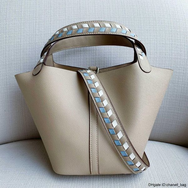 

2020 basket bag belle2019 cowhide bucket hand palm prints genuine leather portable woman package weave width straps single shou
