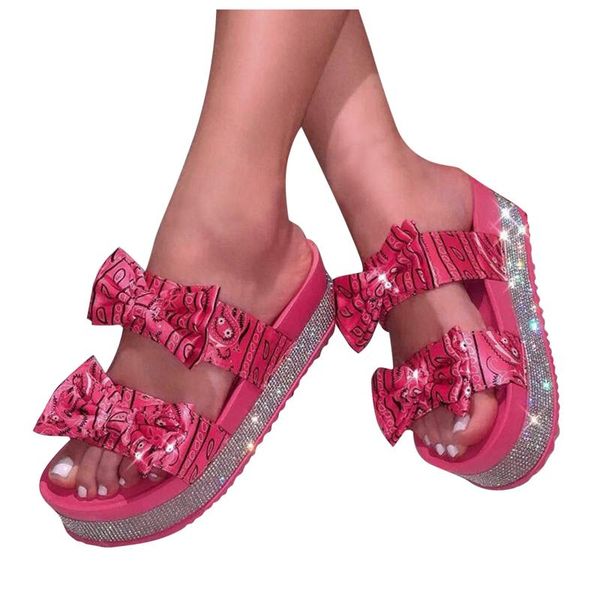 

women sandals elegant ladies rome fashion rhinestone platform flip-flop printed bow slippers women's shoes sandales, Black