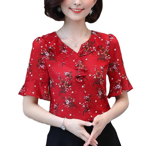 

women's blouses & shirts fashion print women summer korena ruffles v-neck flare sleeve chiffon blouse casual plus size, White