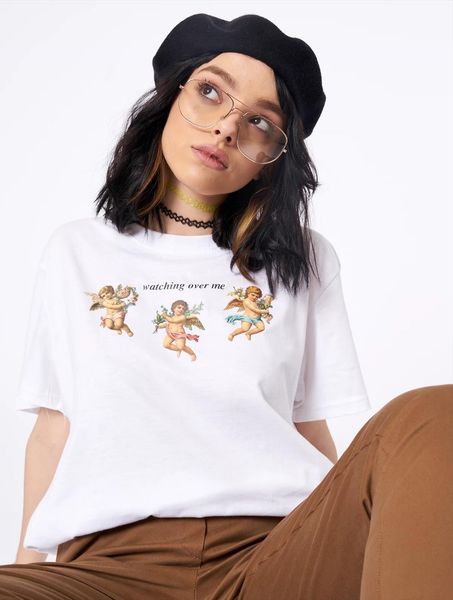 

watching over me angels retro womens t shirt style aesthetic cute white tee hipsters harajuku fashion tumblr graphic