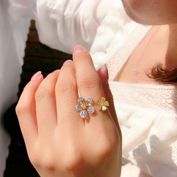 

fashion double flower rings inlay cubic zirconia two color jewelry for women wedding cocktail party luxury accessories, Slivery;golden