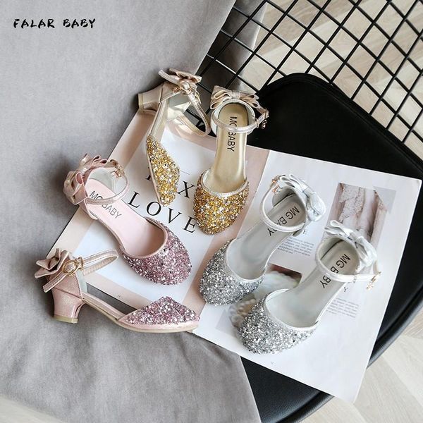 

princess kids leather shoes for girls flower casual glitter children high heel butterfly knot blue pink silver 2021 flat, Black;grey