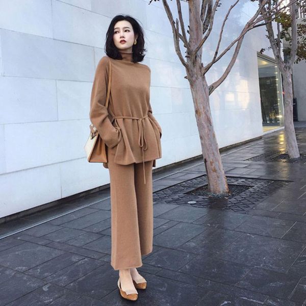 

women's two piece pants suit autumn winter knitted women 2 set solid color turtleneck pullover sweater knit wide leg sets, White