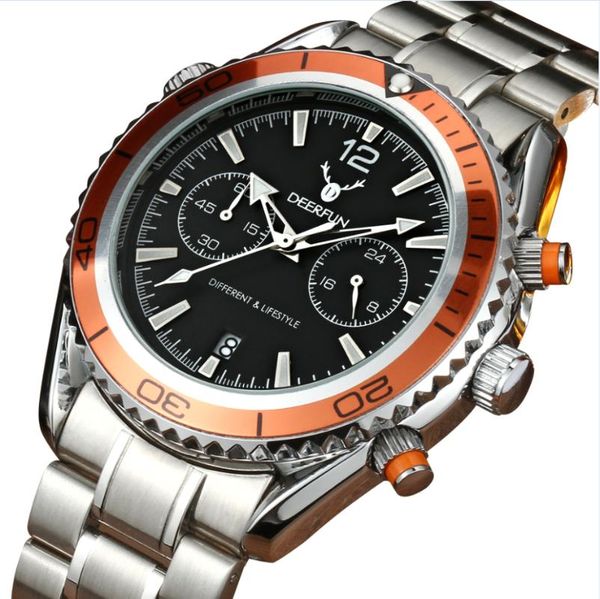 

wristwatches deerfun original stainless steel quartz watch men calendar clock sports military wristwatch relogio masculino, Slivery;brown