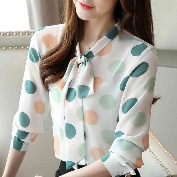 

womens and blouses long sleeve dot chiffon blouse women shirts bow tie v-neck blouses woman blusa feminina c31 210426, White