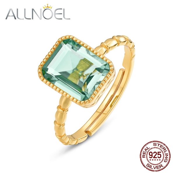 

allnoel high-quality elegant female rings rectangle synthetic green amethyst adjustable 925 sterling silver ring gift 211217, Slivery;golden