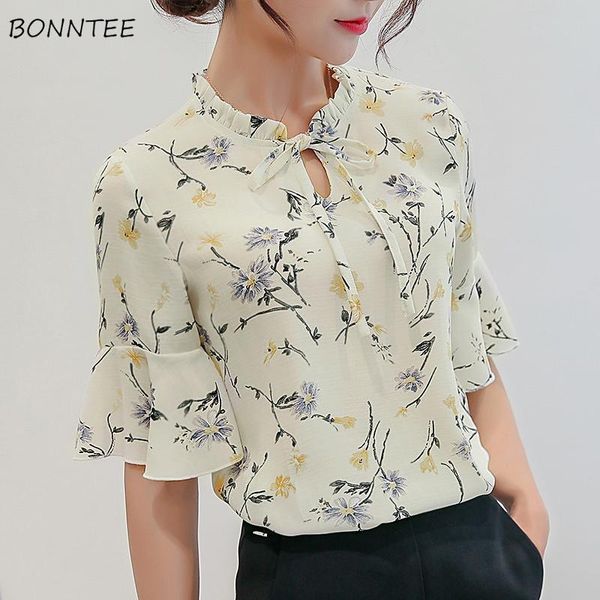 

shirts women 2021 summer stylish korean simple fashion slim half flare sleeve womens leisure female chiffon bow temperament chic women', White