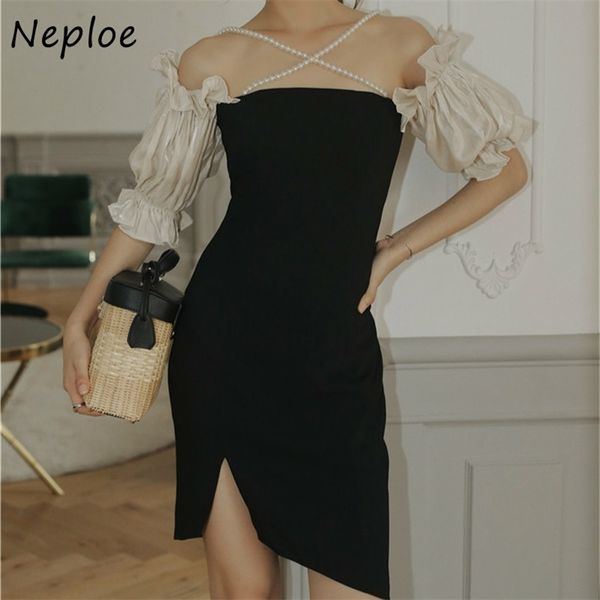 

chic beading camis slim fit dresses summer panelled split femme vestidos slash neck puff sleeve dress women 210422, Black;gray