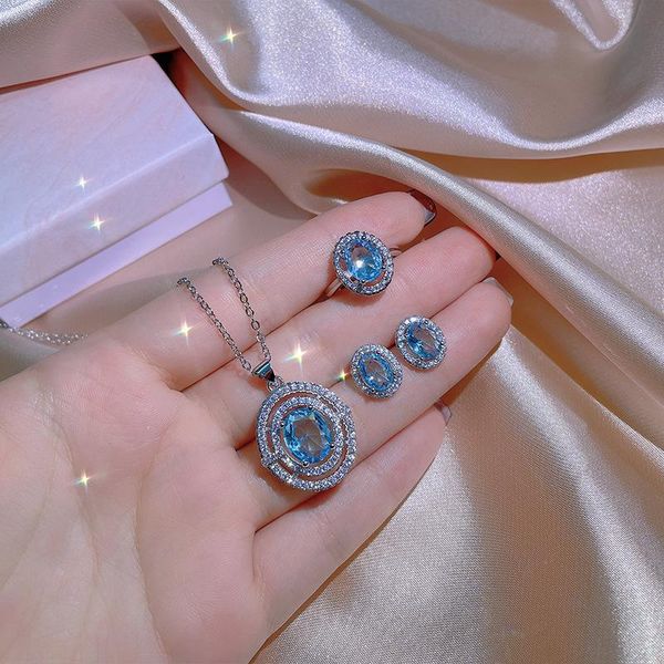

earrings & necklace ocean blue zircon women's jewelry set three-piece ring wedding bridal, Silver
