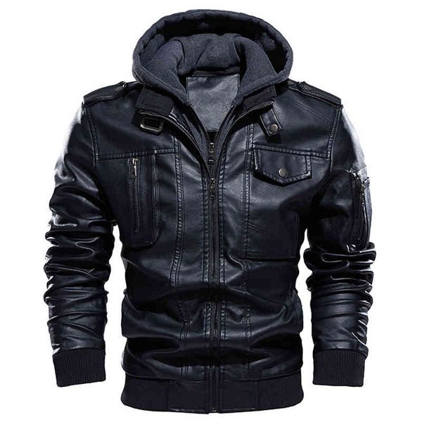 

motorcycle et men casual pu ets winter thick warm vintage hooded collar club bomber leather coats chaqueta, Black