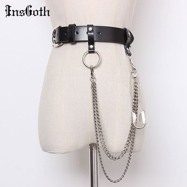 

insgoth punk metal chain leather belt harajuku y2k goth women black waist belt high street grunge gothic accessories with brooch, Silver