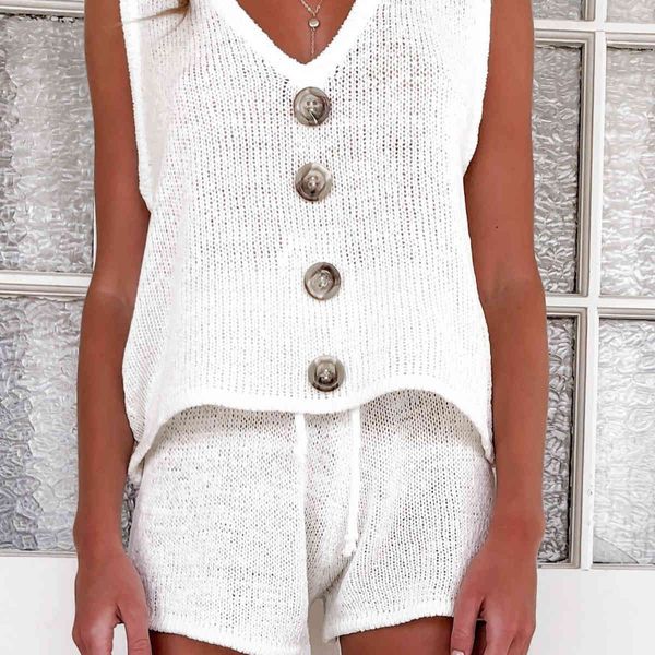 

sweater solid button women set knit vest high waist shorts women's summer fall casual lady v neck suit home sets, White;black