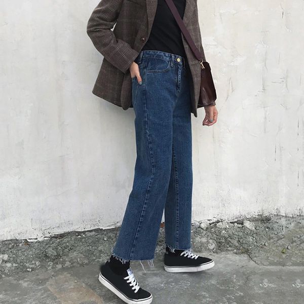 

jeans denim solid tassel lady elegant wide leg pant ankle-length high waist womens trousers large size bottoms basic classic, Blue