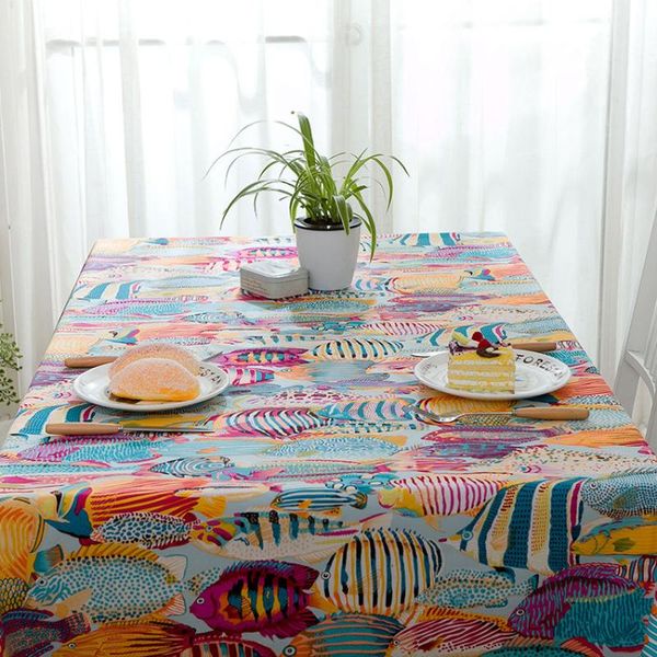 

thicken cotton linen tablecloth blue mediterranean cartoon colorful tropical fish ocean cover table cloth for wedding tea