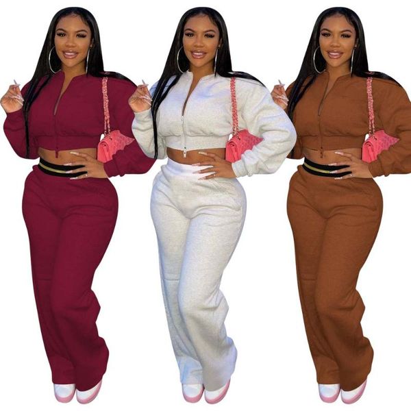 

women's two piece pants somoshein fashion sport sets zipper jackets crop tracksuits for women pure color fitness suits casual pant set, White