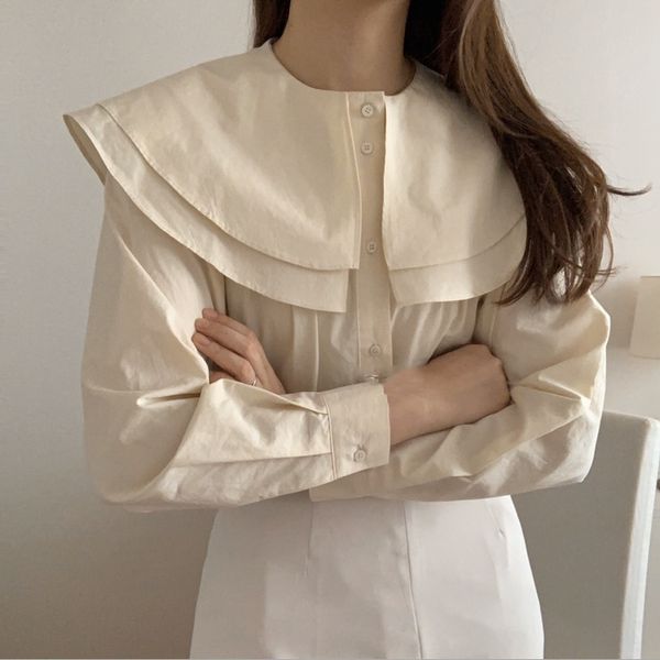 

korea women sweet ruffled collar shirts beige girls blouse chic long sleeve blouse 210421, White