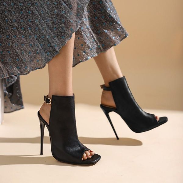 

dress shoes open toe back empty one line belt 2021 spring and summer high heels sandals women's, Black