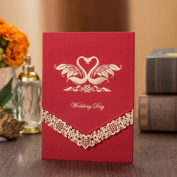 

greeting cards 50pcs/pack romantic swan pattern red/gold paper with hollow flower wedding invitation card event & party decoration