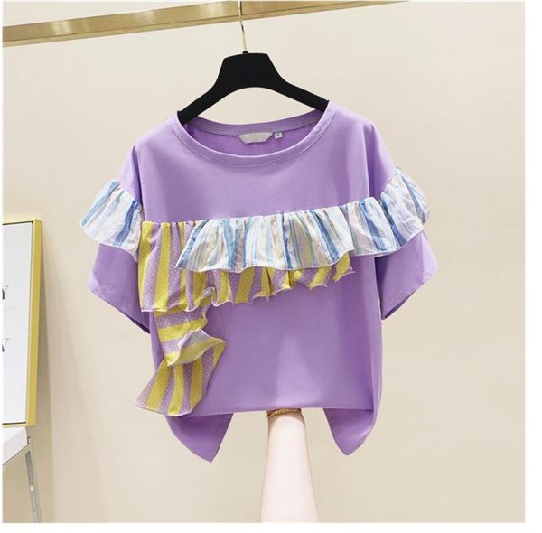 

women's t-shirt lace striped splice t shirts women cotton short-sleeved fashion ladies 2021 summer korean-style female, White