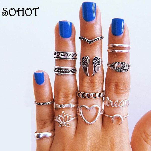 

cluster rings so retro silver color 14pcs/set feather leaf lotus heart women charm set chic knuckle for female party bijoux, Golden;silver