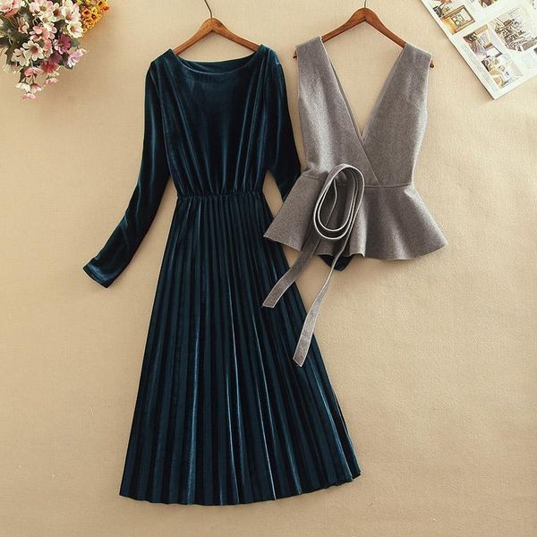 

autumn winter elastic waist temperament long pleated velvet dress +woolen vest two piece set belt women outfits suits sets, White