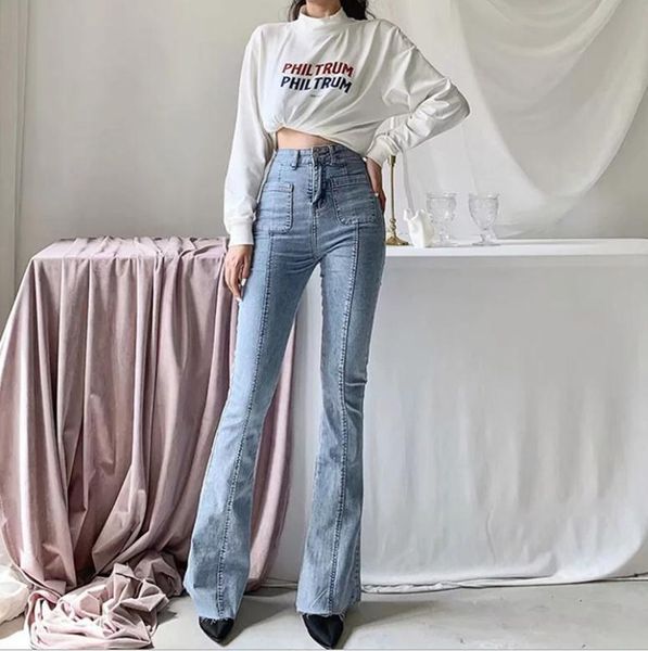 

autumn and winter women high waist stretch flare jeans full length pockets female elegant long legs horn pant trousers s143 women's, Blue