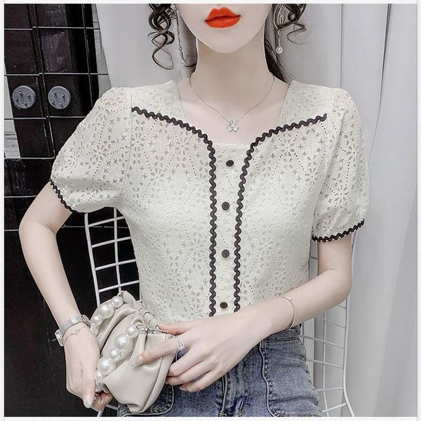 

women's blouses & shirts 2021 spring and summer french style square collar hollow lace puff sleeve design sense niche western slim shir, White