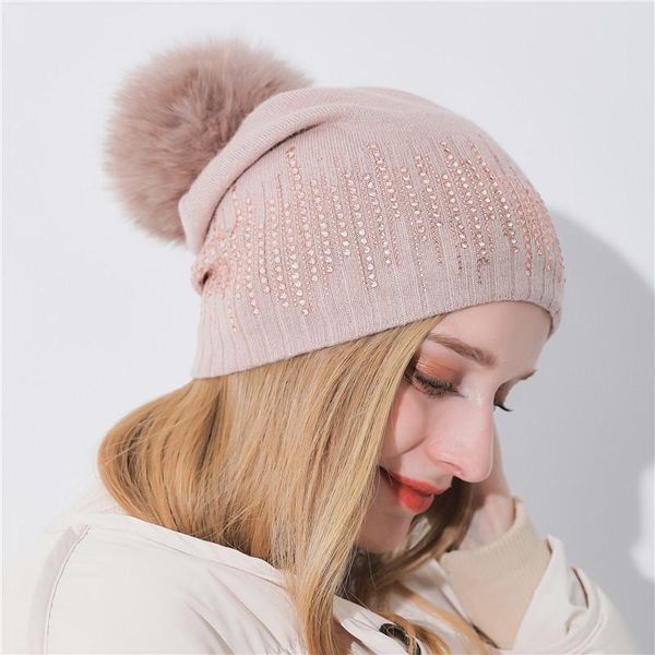 

beanie/skull caps girls winter hat cashmere knitted beanie real wool with pompom thick warm women's, Blue;gray