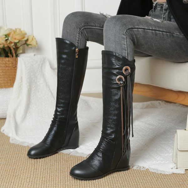 

boots 2021 inner heightening fringed knee-length women's flat-bottomed wedge heel oversized plush long, Black