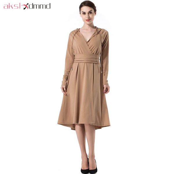 

casual dresses akslxdmmd hooded dress women 2021 autumn and winter v-neck long-sleeve mid-long female vestidos lh1303, Black;gray