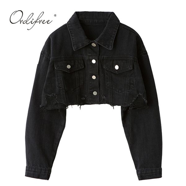 

ordi2021 autumn women denim jacket long sleeve fashion streetwear casual loose outwear short ripped jeans jacket coat, Black
